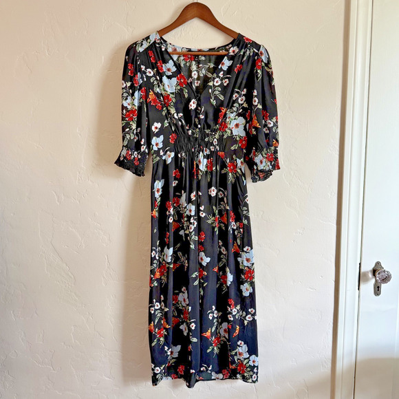 Banana Republic Size 8 Dress - Black Floral Midi Cinched Waist 3/4 Sleeve - Picture 2 of 10